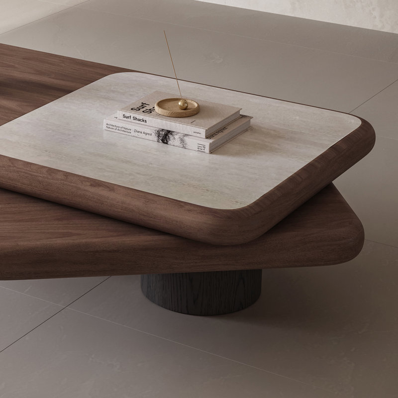 Table basse pivotante à 360° à double plateau avec placage en noyer et plateau en pierre frittée aspect travertin, grande table basse ronde moderne extensible de 119 à 150 cm pour salon, aucun assemblage requis