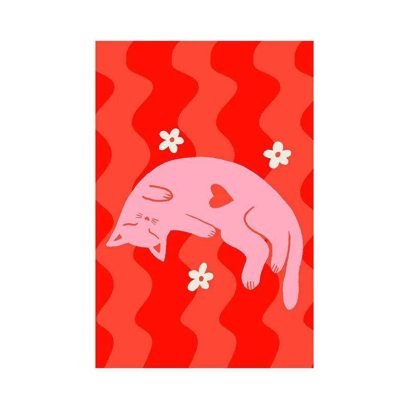 Chat endormi rose sur fond ondulé - reproduction d'art sur toile tendue, H 12 po x l 8 po, Toile tendue, Ne s’applique pas