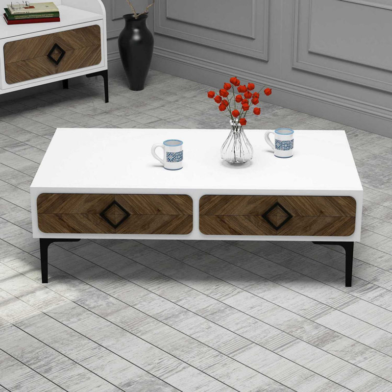 Table basse avec rangement Lelia, Blanc / brun / noir