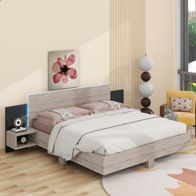 Wooden Floating Platform Bed, With LED, Bedside Nightstand