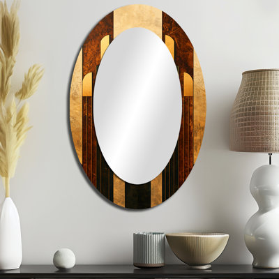 Geometric Walnut Essential Forms VII - Gold Oval Wall Mirror Decor