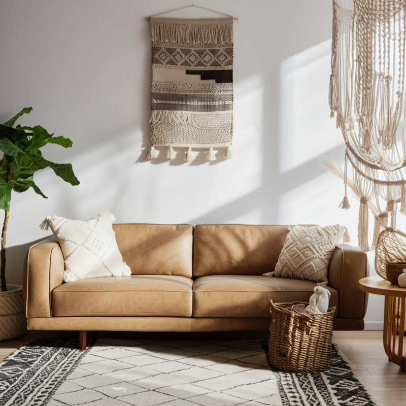 Boho Canvas Wall Hanging with Woven Cotton and Polyester Canvas Accents on Wooden Rod for Textured Layered Look