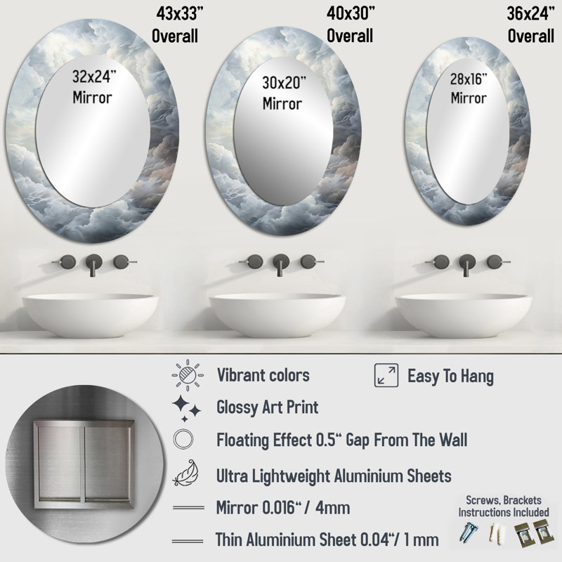Clouds Whispering Clouds II - Gray Oval Wall Mirror Decor, 43" x 33"