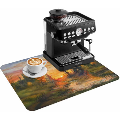 Tapis de cuisine/cafetière, motif forêt aquarelle automnale, absorbant et antidérapant, accessoire de bar à café, tapis d'égouttage pour comptoir de cuisine, coucher de soleil ombré sur une rivière, 40,6 x 61 cm