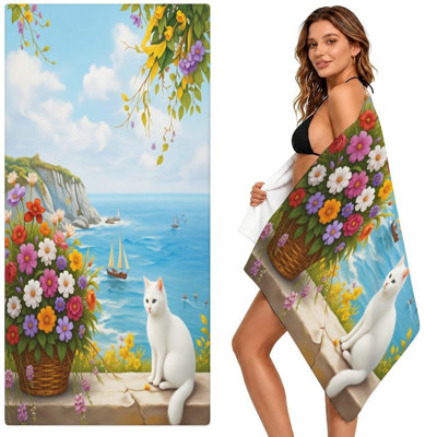 Serene Seaside View White Cat Microfiber Beach Towel, Soft Polyester Bath Towel with White Plush Backing, Pool Towel for Travel Picnic Outdoor Swimming Bathroom Use, 32 x 63 in