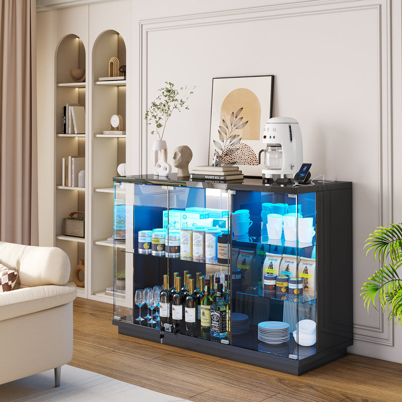47.24'' Sideboard, Modern Buffet with Clear Glass Doors, Display Case with LED Lights, USB Port, Type-C Port and Motion Sensor