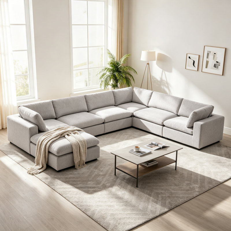 Canapé modulaire rembourré avec repose-pieds 7 pièces Nuccio, Gris clair