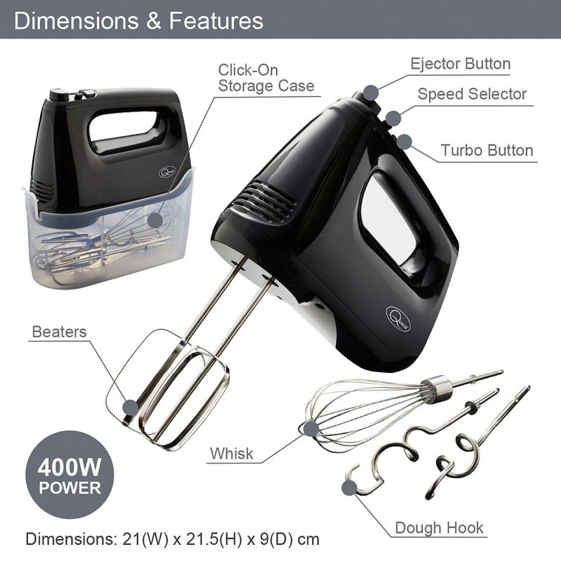 Quest 6 Speed Hand Mixer Food Processor Mixer Accessory, Black