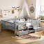 Lit simple pour enfants avec tablettes intégrées, tiroirs de rangement, escalier de sécurité et rails, bois de pin, gris-947912941-947912943