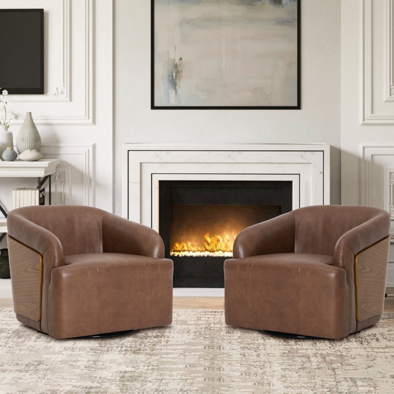 Genuine Leather Swivel Barrel Chair(Set Of 2), Yellow Brown