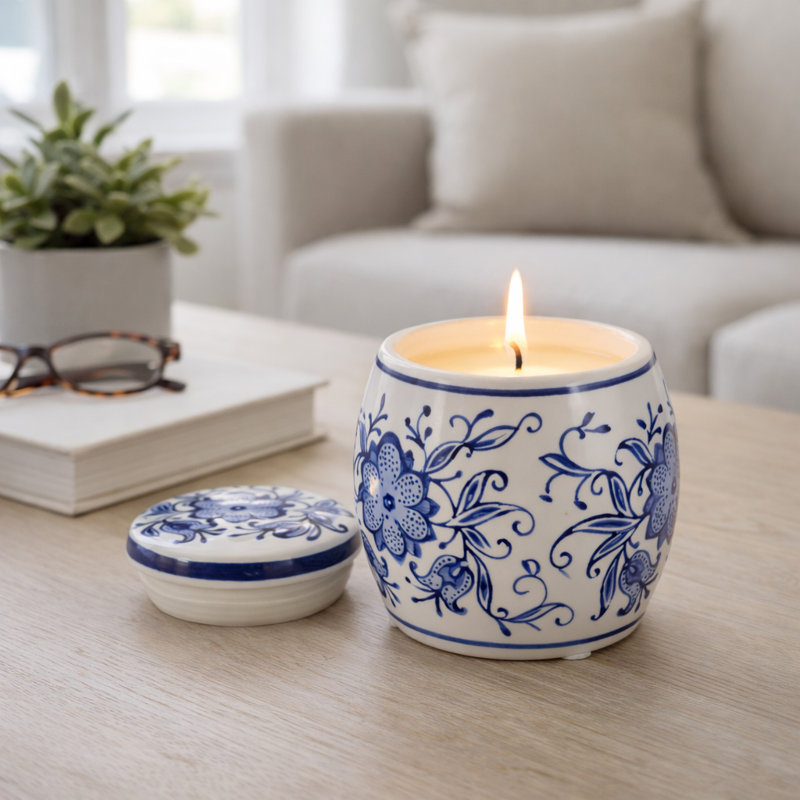 Decoraive Lavender Verbena Scented Candle for Living Room - Ceramic Chinoiserie for Bookshelf, Coffee Table, Bedroom - 5", Blue & White