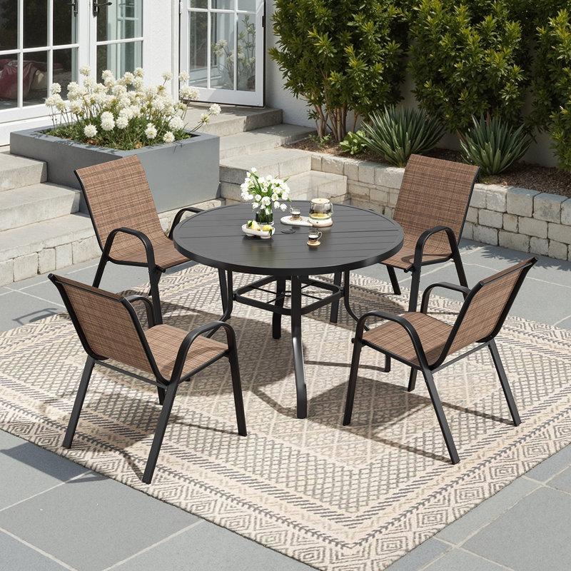 Ensemble de salle à manger d'extérieur pour 4 personnes avec table ronde et fauteuils en polyester enduit de PVC, Brun, Noir