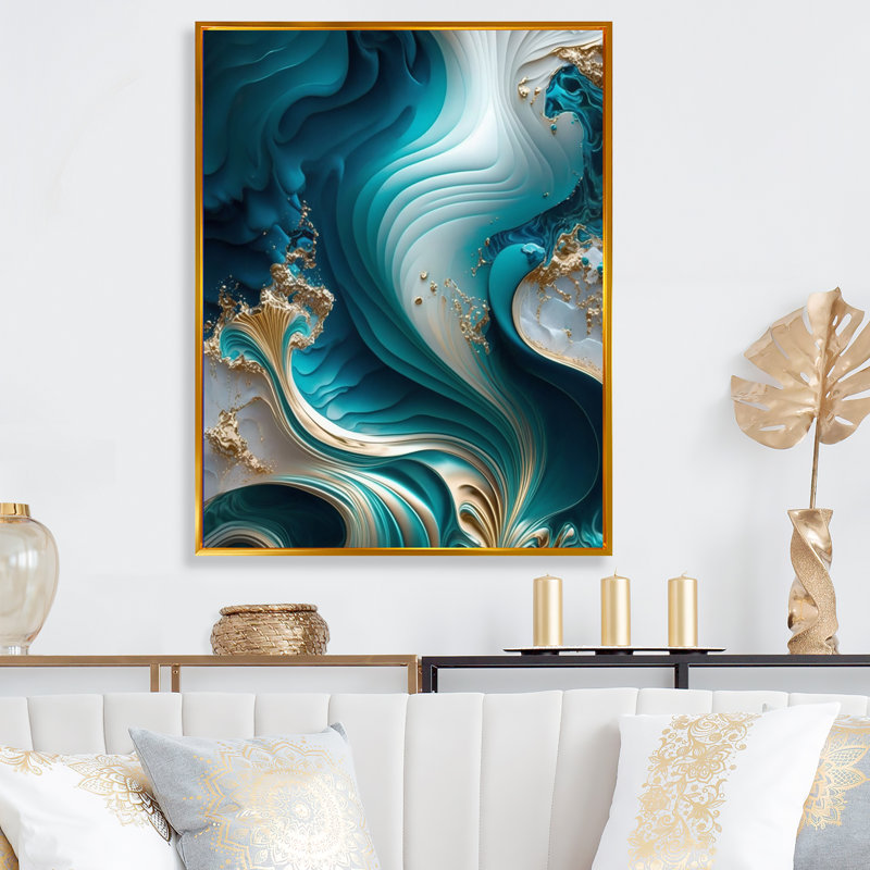 Géode abstraite turquoise III - art mural abstrait en marbre, L 12 po x H 20 po, Toile avec cadre flottant or