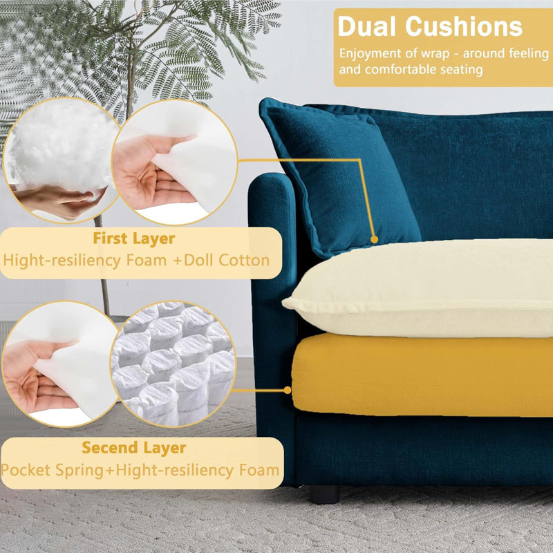 Latitude Run U Shaped Modular Sectional Sofa Chenille Deep Seat Cloud Couch with 2 Movable Ottoman, Blue Chenille