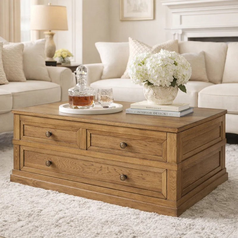 Table basse Dory, plateau relevable rectangulaire de 42 pouces, 1 tiroir, brun clair