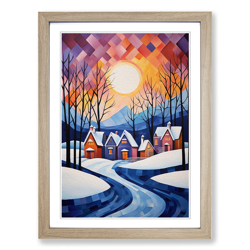 Winter Landscape Cubism No.3 - Single Picture Frame Print on Wood, 34cm H x 25cm W x 2cm D, Oak