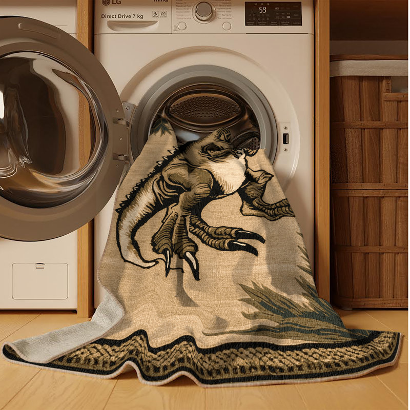 Tapis beige dinosaures lavable à la machine, Rond 5 pi