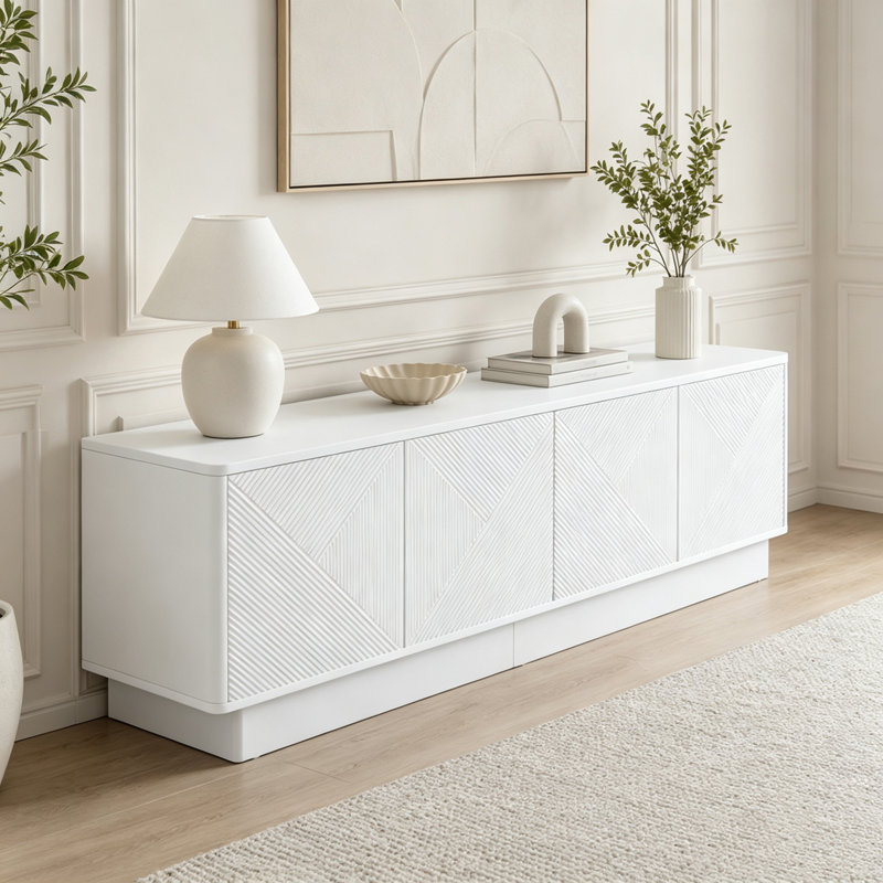 Meuble télé 4 portes Wave Design avec tablettes réglables et décorations DEL, White
