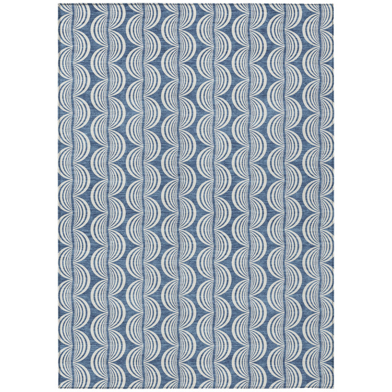 3' X 5' Denim Blue And Ivory Ogee Washable Indoor Outdoor Area Rug