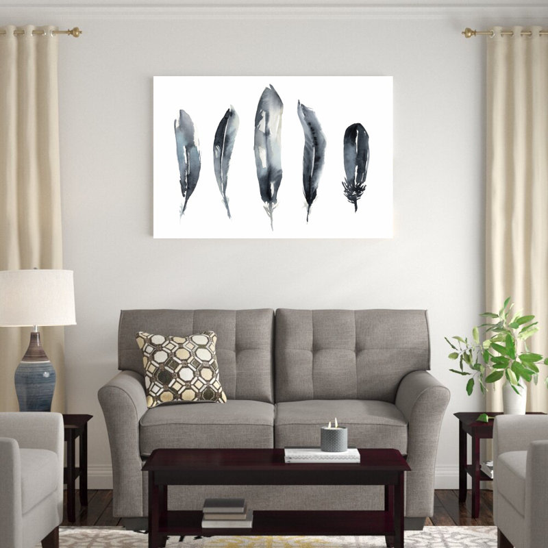 «Indigo Feathers II» par Jennifer Goldberger - peinture sur toile tendue, H 32 po x l 48 po