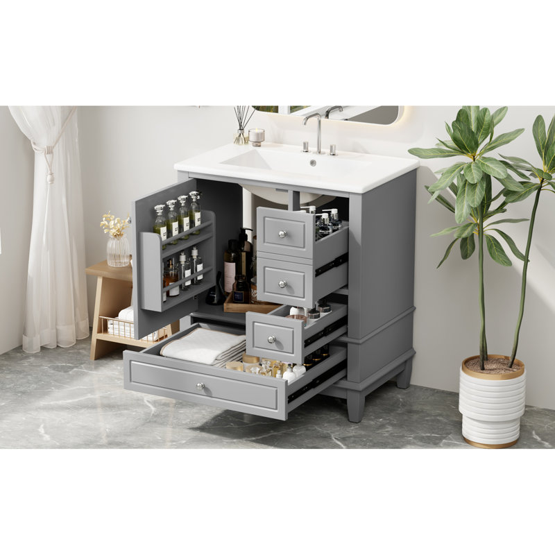 Meuble-lavabo gris 30 po avec lavabo en céramique, porte à fermeture en douceur et plusieurs tiroirs de rangement pour les salles de bain et les meubles-lavabos modernes