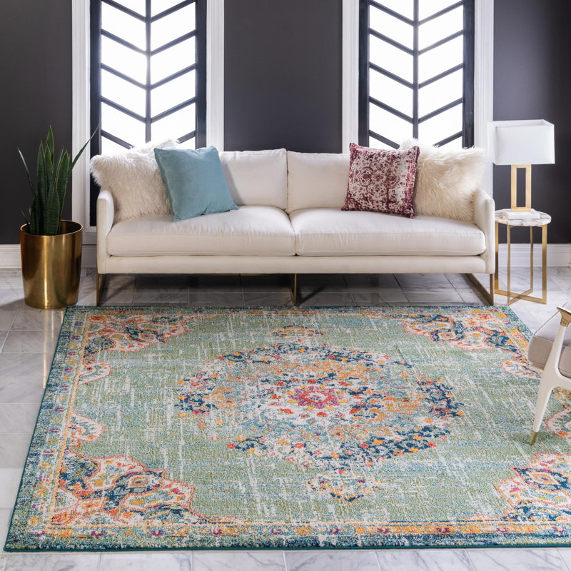 Galyean Abstract Green/Orange Area Rug, Square 7'1"