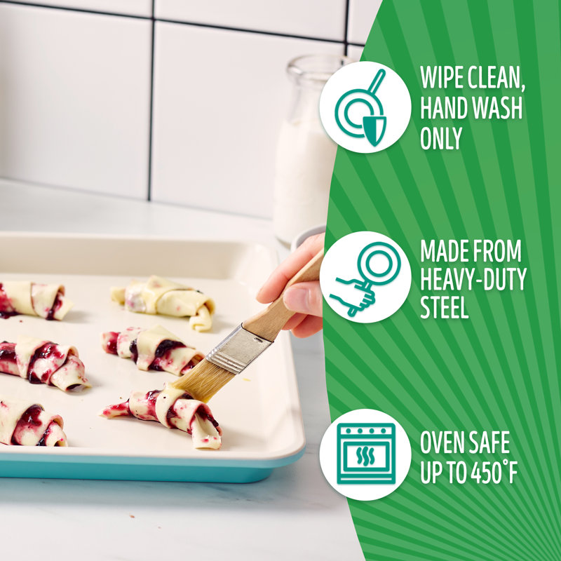 Greenlife Healthy Ceramic Nonstick Sheet, 9" X 7" Toaster Oven Cookie Sheet Baking Pan Set, PFAS-Free, PFOA-Free, Turquoise