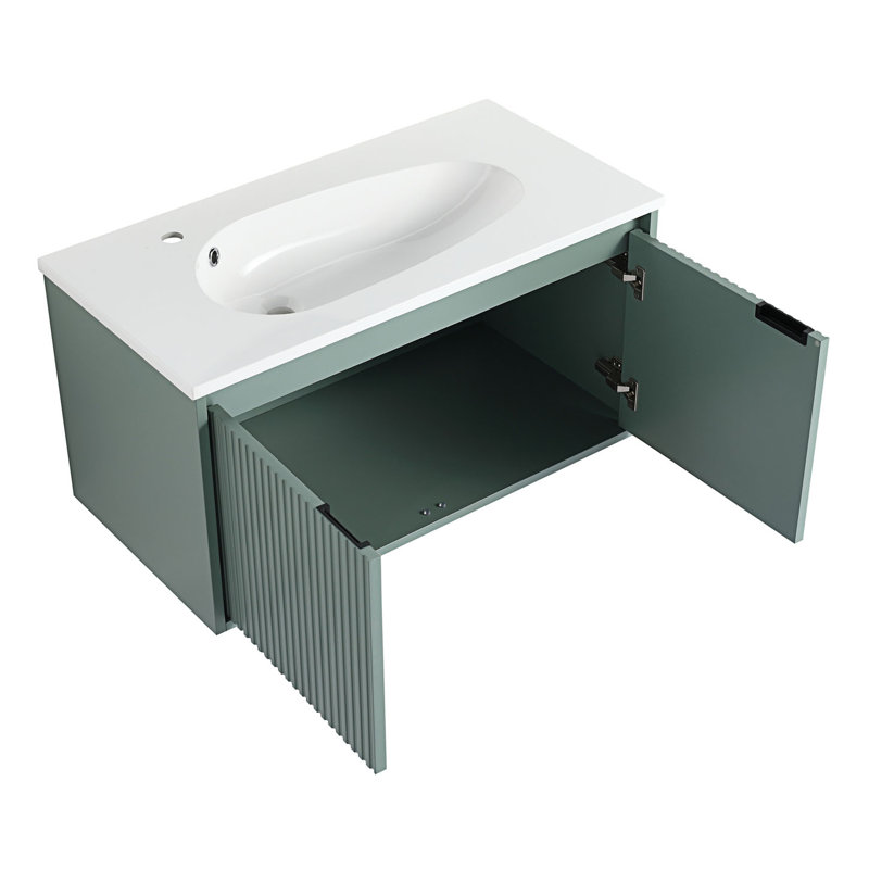 Meuble-lavabo flottant avec lavabo en résine en forme de goutte, meuble-lavabo contemporain avec poignées dissimulées et charnières de porte à fermeture en douceur