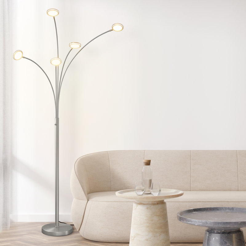 Lampe sur pied à DEL arquée moderne à 5 branches en nickel 74 po avec têtes métalliques rotatives Orion, Nickel