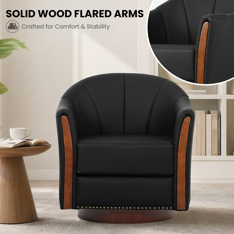 Modern Leather Swivel Barrel Chair with Solid Wood Base（Set of 2), Black