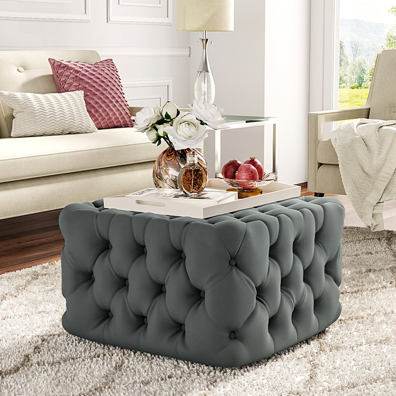 Aya 62Cm Velvet Tufted Square Cocktail Ottoman, Grey