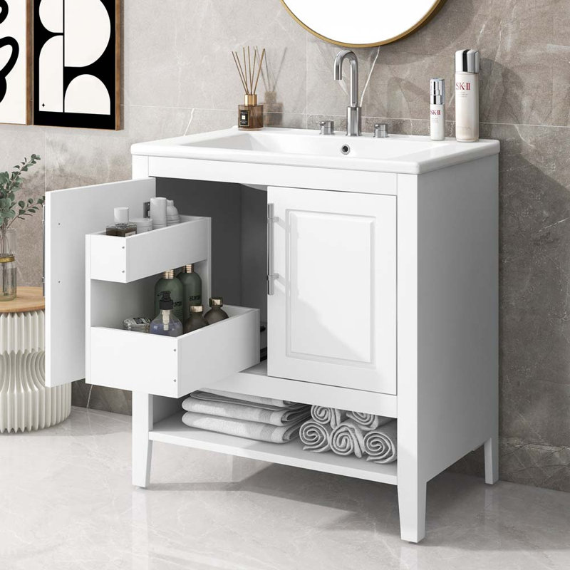 Meuble-lavabo multifonctionnel avec portes et tiroirs Bamberton, Blanc