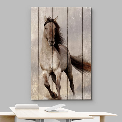 Chevaux qui courent, panneau rétro, effet de bois brun, animaux blancs, art numérique, ferme, faune rustique