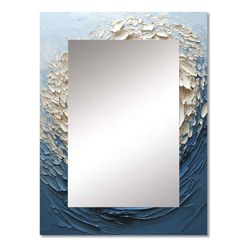 Vortex blanc océanique accentué de bleu III - miroir unique à spirales abstraites, grand miroir mural moderne, impression d'art en métal