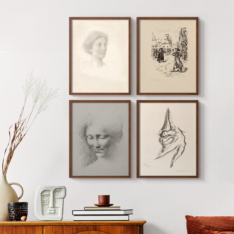 "Croquis rétro XLV III", 4 pièces sur papier, Noyer, H 10 po x l 8 po