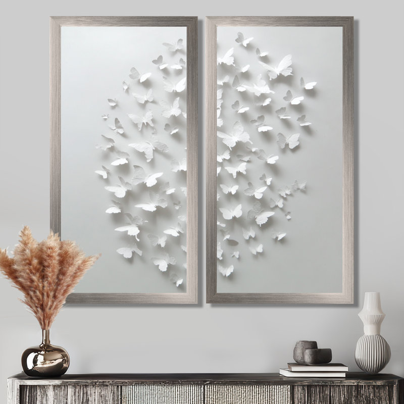 «Summer White Butterflies In The Sky - Abstract Collages», impression sur toile contemporaine blanche 2 pièces, Argent argent