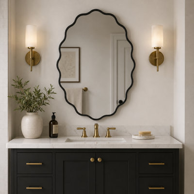  Black Wavy Oval Scalloped Metal Framed Bathroom / Vanity Wall Mirror