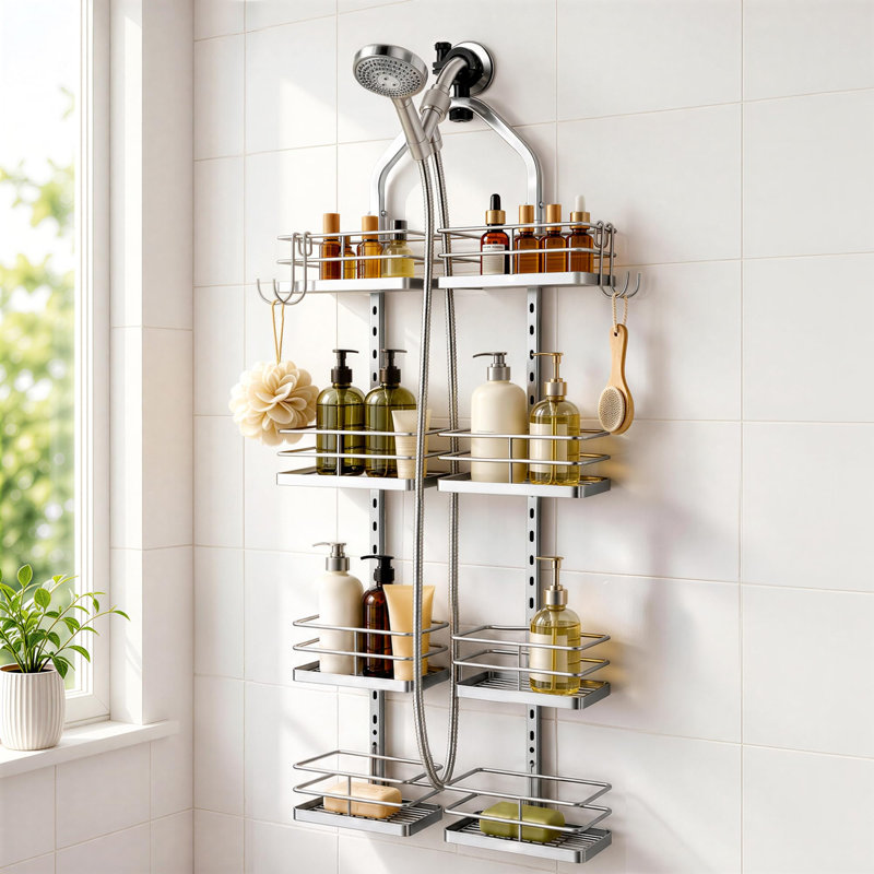 Panier de douche suspendu à 4 niveaux pour pommeau de douche à main, argenté, antidérapant, capacité de 36 kg (80 lb).