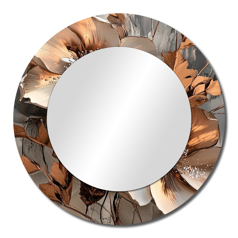 Metallic Copper And Chrome Abstract Flowers I - Modern Mirror For Wall Art Decor, 23" x 23"