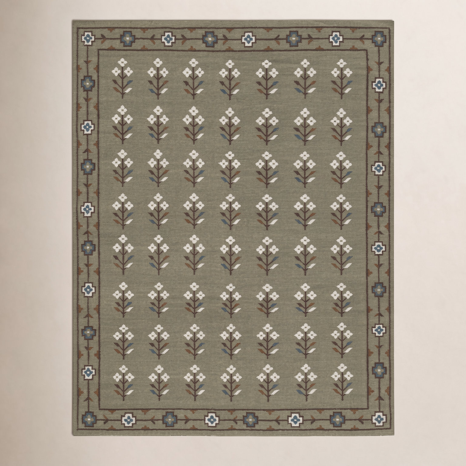 Heidi Flatweave Floral Wool Rug, Green, 5'x8'
