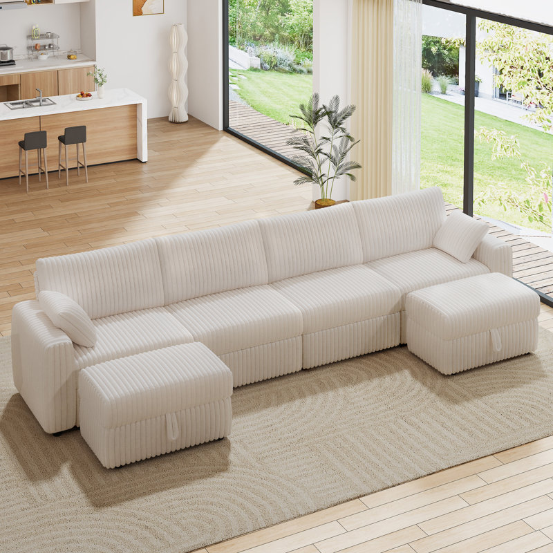 170" Extra Large Modular Sectional Sofa With Storage Ottoman, Plush Corduroy Fabric, Modern Oversized U Shaped Sectional Couch With Deep Seat, Tool-Free Assembly