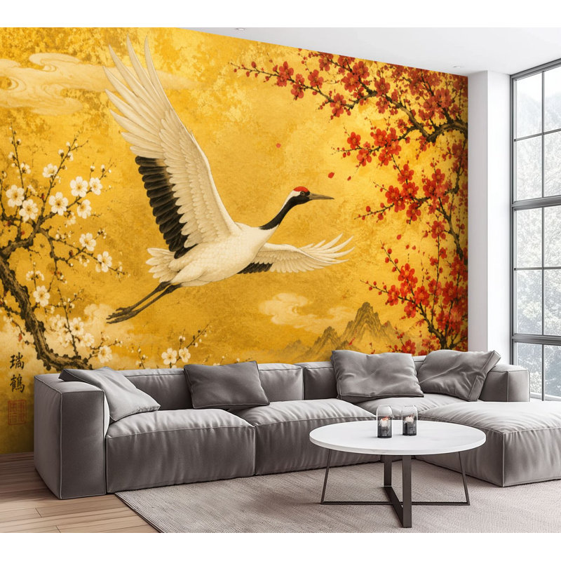 Papier peint adhésif à peler et à coller Élégante grue en fleurs de style japonais en papier autocollant amovible pour décoration murale de salon H 100 po x l 144 po