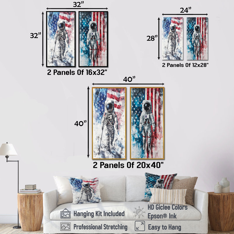 Premier astronault dans l'espace avec le drapeau américain I - Paysages, art mural 2 panneaux, Toile tendue