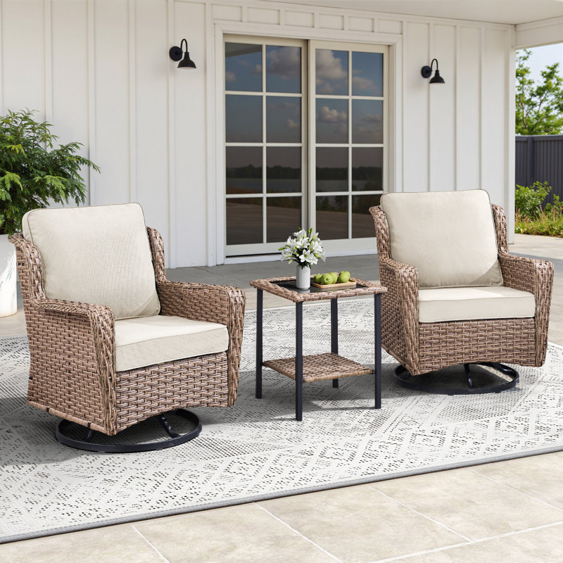 Ensemble de conversation à bascule pivotant en osier pour 2 personnes avec table d'appoint et coussins - L 31,5 po x l 30,5 po x H 35,8 po - osier PE - beige - pivotant et coulissant