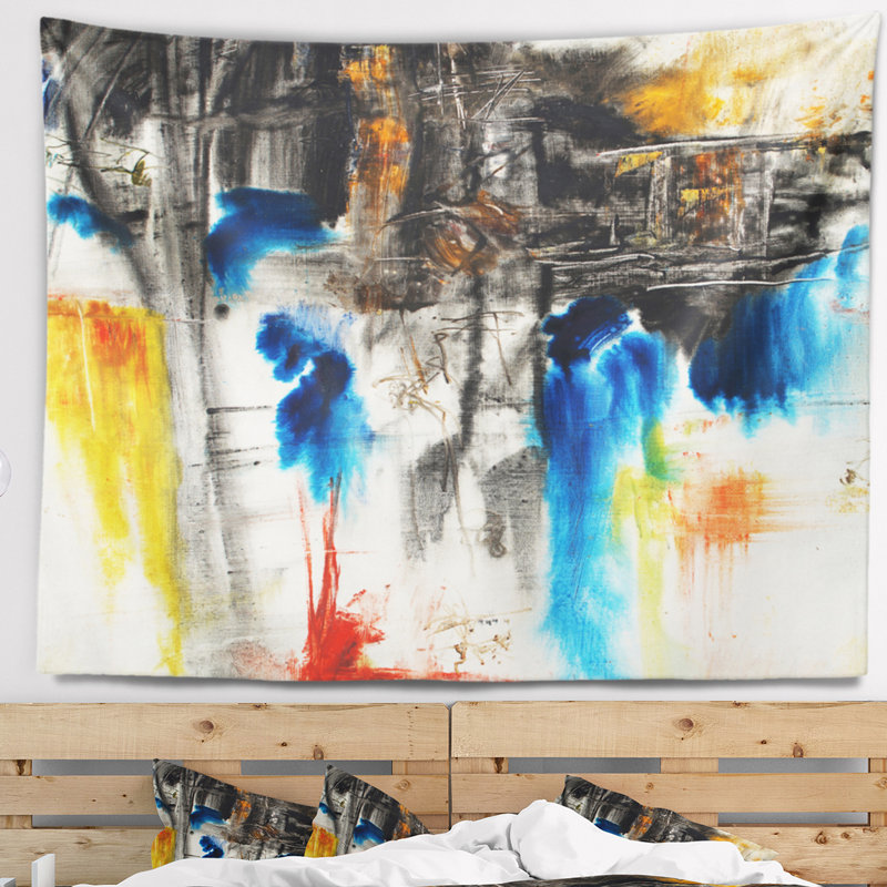 Tapisserie motif bleu et jaune noir, H 32 po x l 39 po