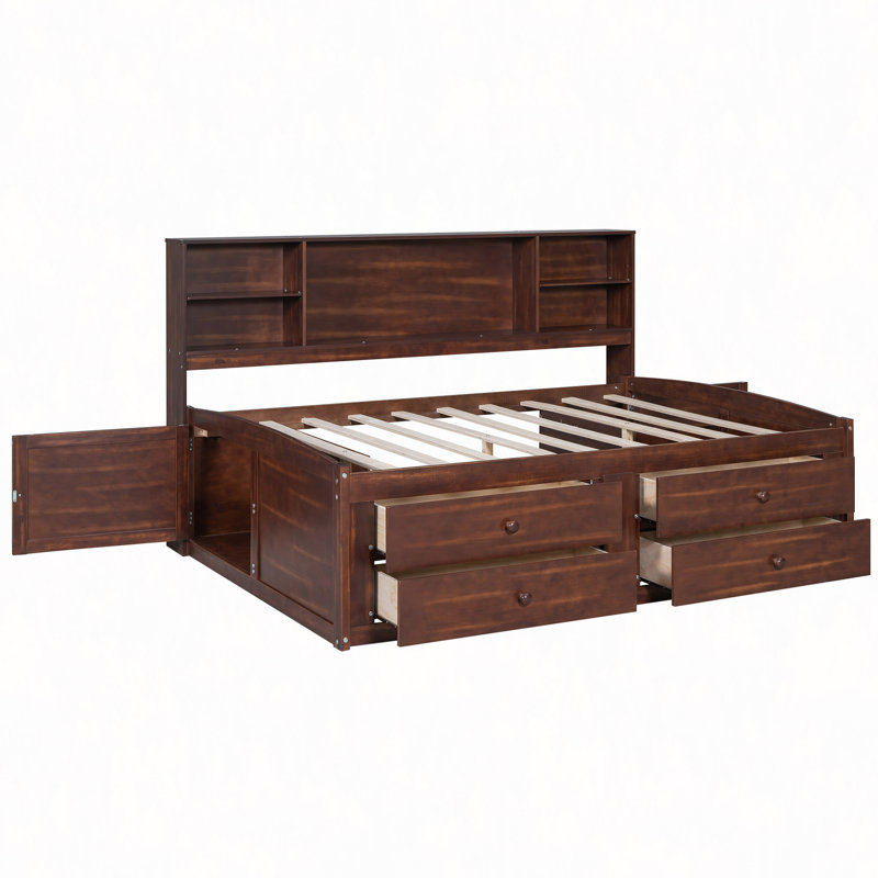 Lit capitaine en bois avec tablettes de rangement intégrées, 4 tiroirs et 2 armoires