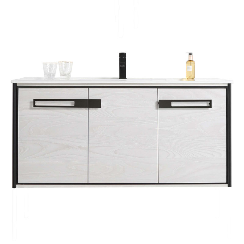 48'' Single Bathroom Vanity with Vitreous China Top, Matte Black, Mild Gray Oak