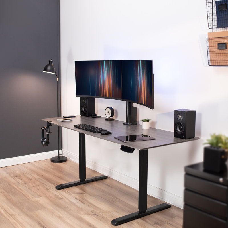 Black Electric Adjustable Desk Frame with Dual Monitor Mount