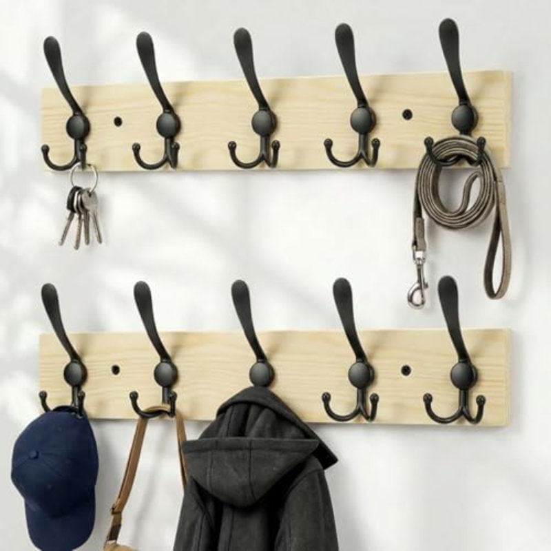 Porte-manteau mural en bois robuste, ensemble de 2 supports muraux avec 5 crochets triples pour vêtements, vestes, chapeaux, clés, organisateur d'entrée peu encombrant pour vestiaire (assiette naturelle et crochets noirs)