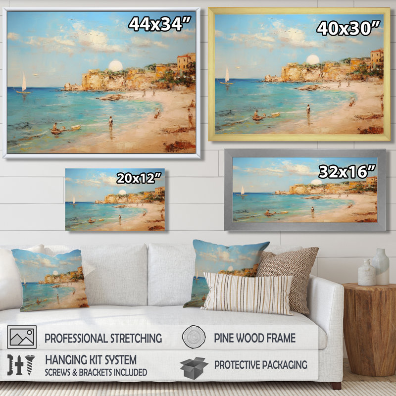 Pleine lune se levant au-dessus de l'océan italien - salon d'art mural plage, Toile avec cadre flottant brun